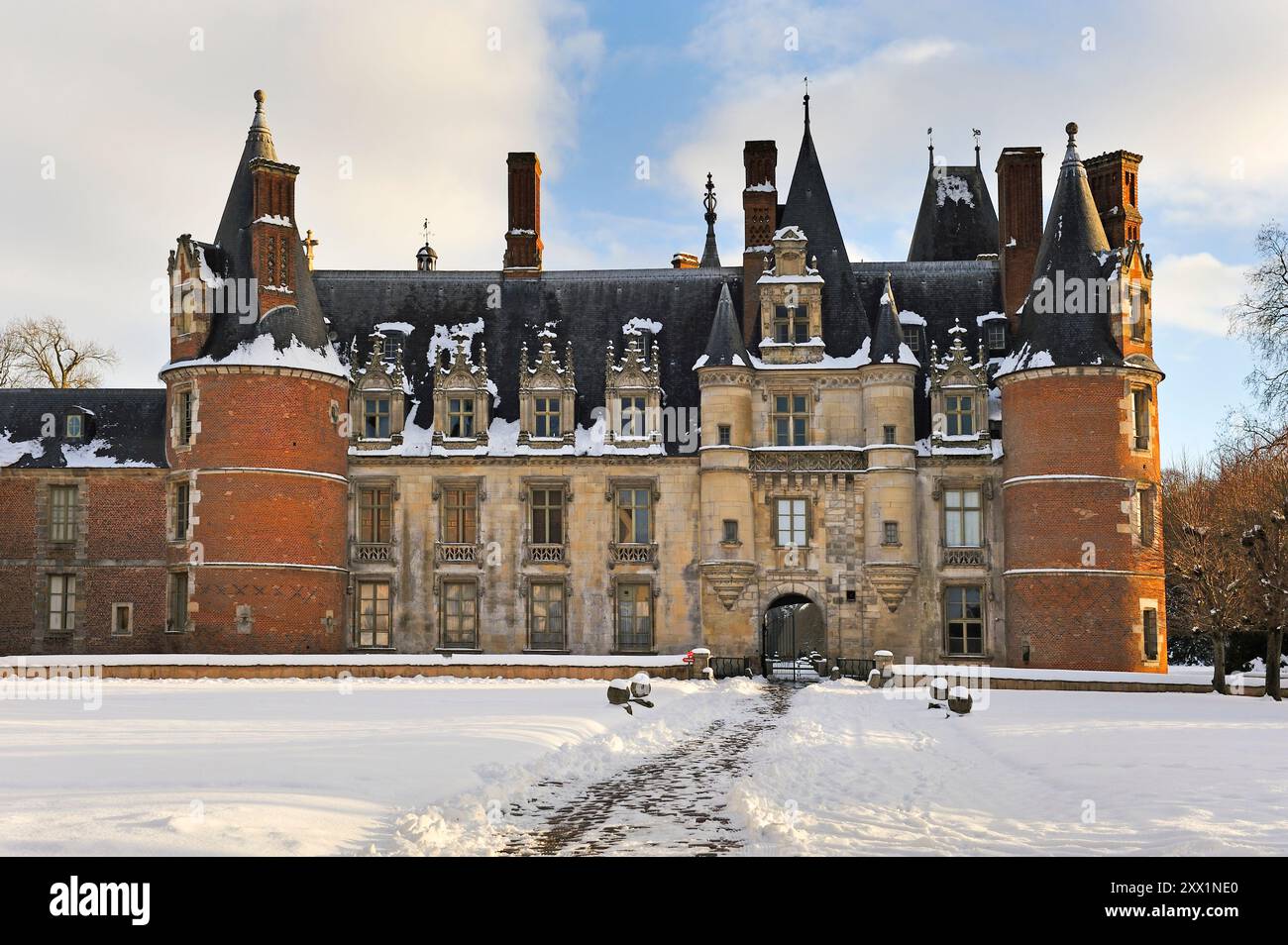 Chateau de Maintenon im Schnee, Departement Eure-et-Loir, Region Centre-Val-de-Loire, Frankreich, Europa Stockfoto