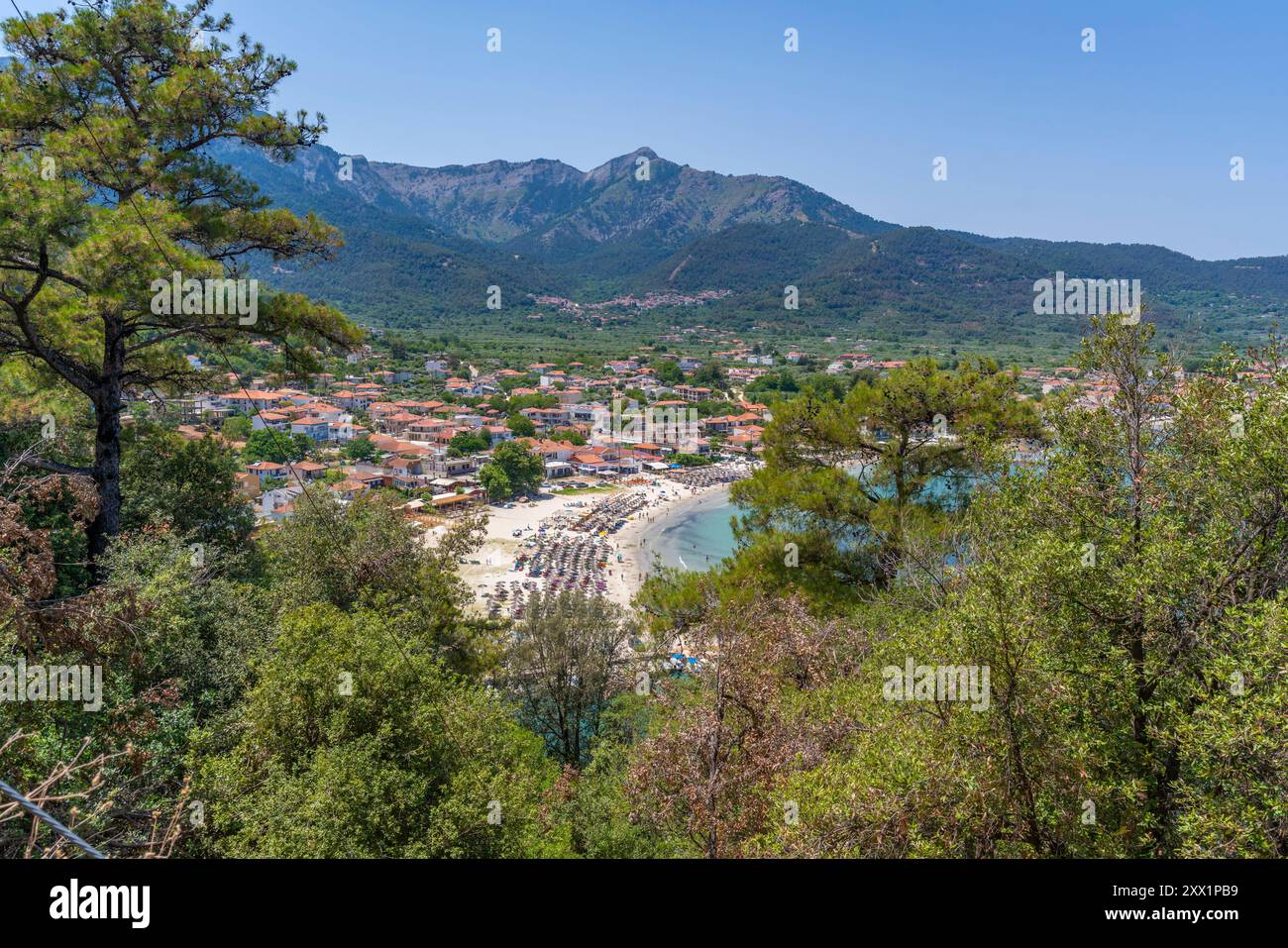 Blick auf Bäume und Golden Beach in Chrysi Ammoudia, Thassos, Ägäis, griechische Inseln, Griechenland, Europa Stockfoto