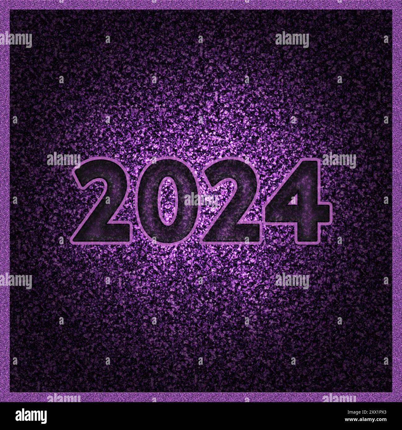 2024 Text in 3D auf violettem Glitzerhintergrund in einem violetten Rahmen Stockfoto
