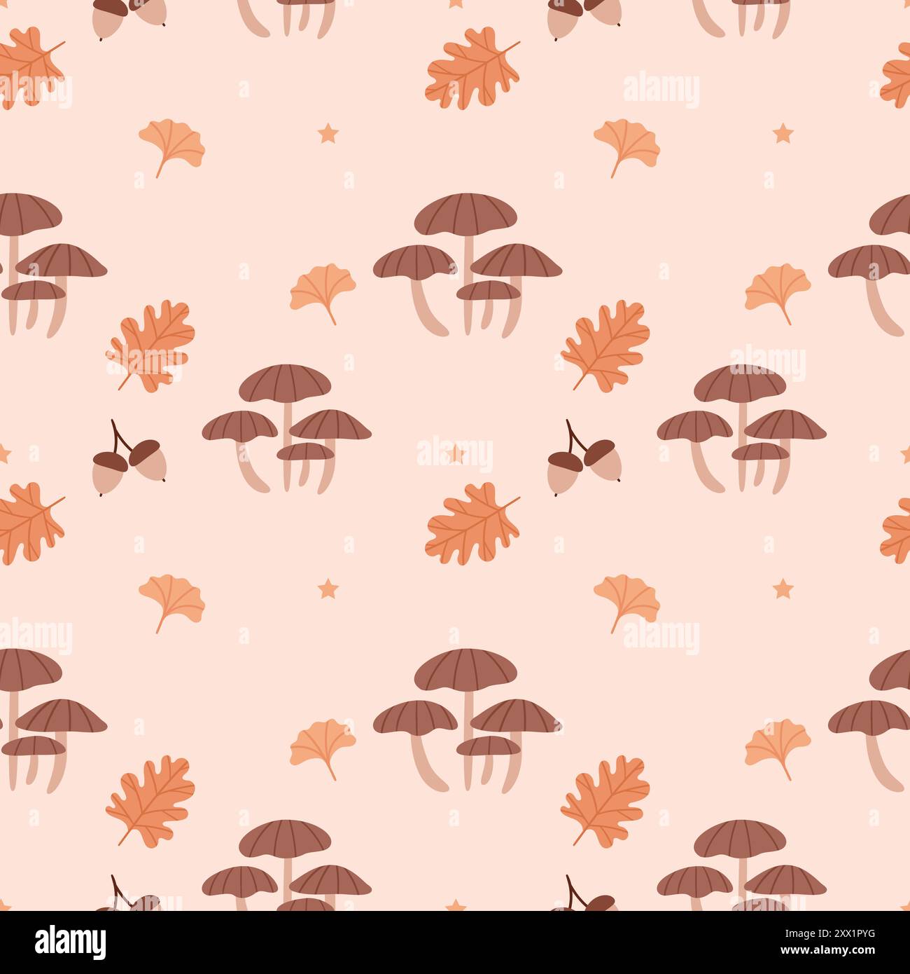 Nahtloses Herbstmuster. Pilze, Eicheln und Blätter auf neutralem Hintergrund. Stock Vektor