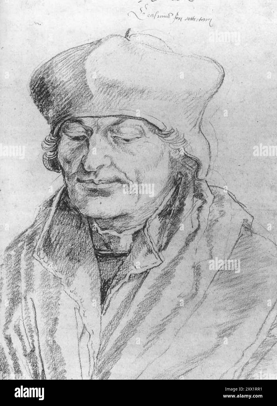 DESIDERIUS ERASMUS (um 1466–1536) niederländischer Humanist, Philosoph und Schriftsteller im Schwarzen Kreideporträt von Albrecht Durer, 1520. Stockfoto