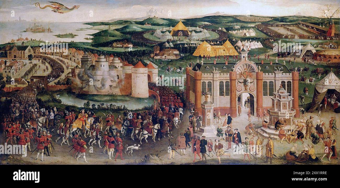 FELD DES GOLDENEN TUCHES im Juni 1520 gemalt um 1545, das Heinrich VIII. Auf einem weißen Pferd unten links zeigt, das sich dem Treffpunkt in Balinghem nähert. Original in der Royal Collection in Hampton Court. Stockfoto