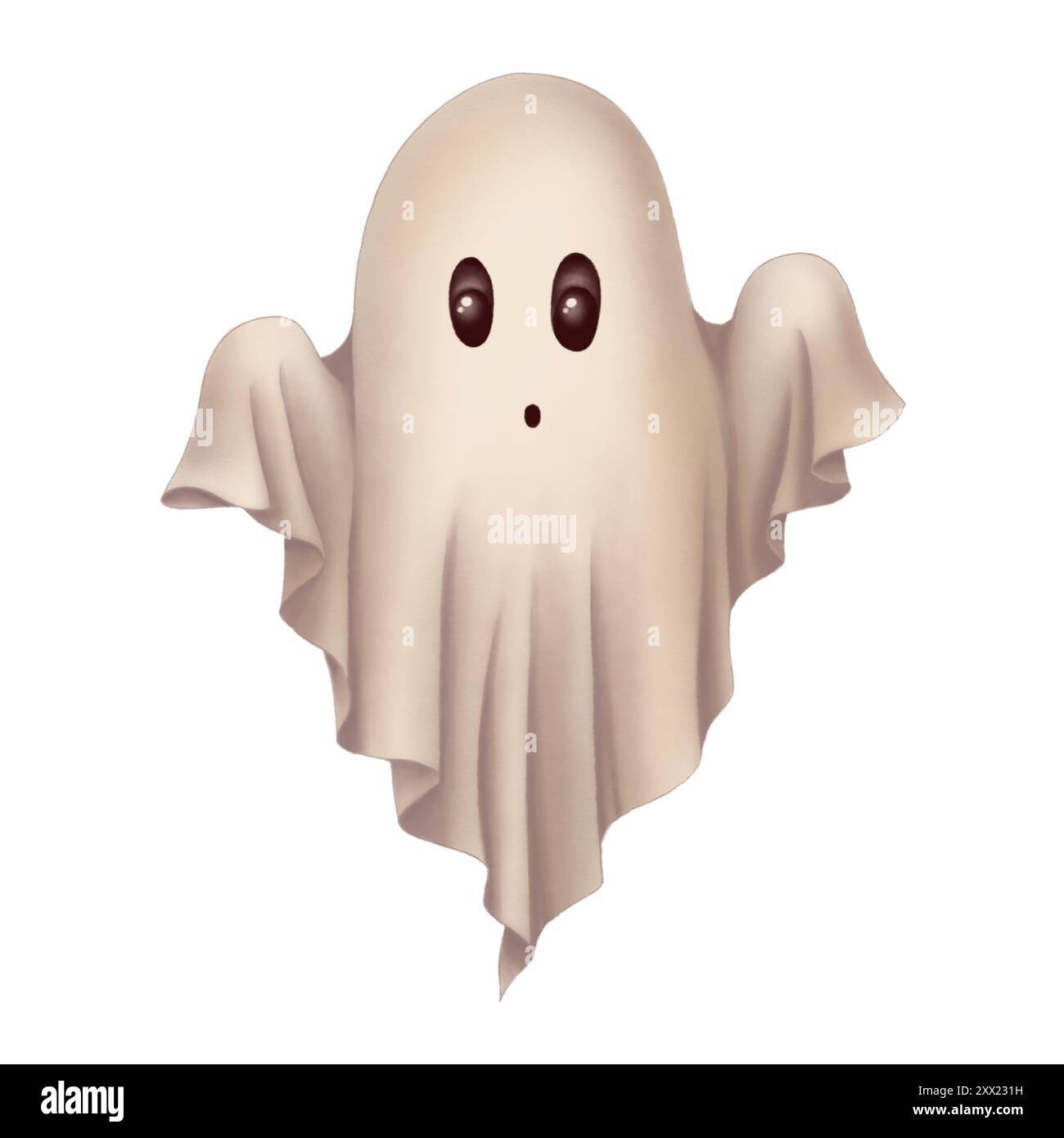Fliegende niedliche Geister mit Buh im Cartoon-Stil. Handgezeichnete Halloween-Illustration des körperlosen Phantoms. Isolierte ätherische Zeichnung perfekt für Stockfoto