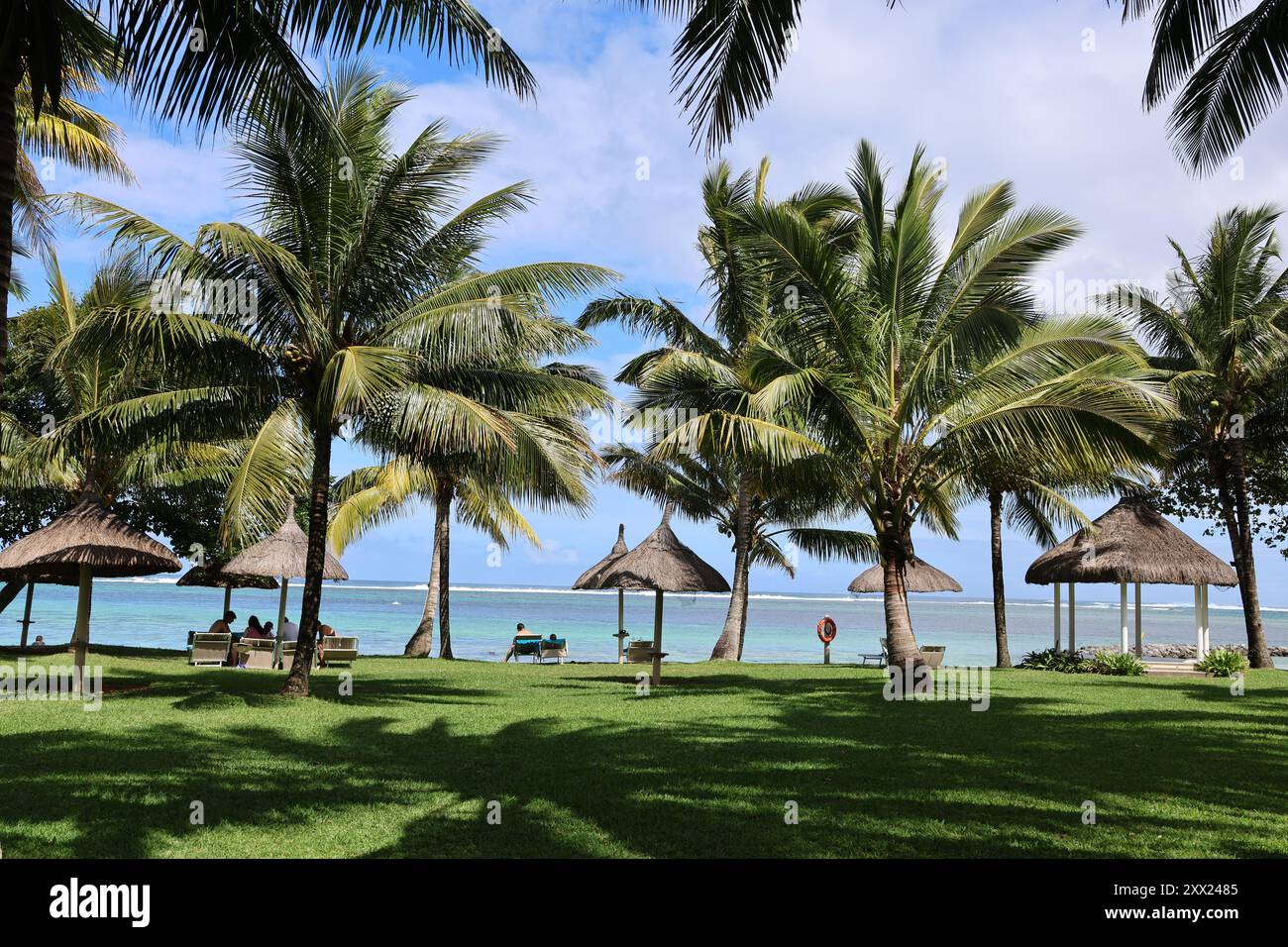 Palmen und Sonnenschirme auf Gras am Meer auf Mauritius Stockfoto