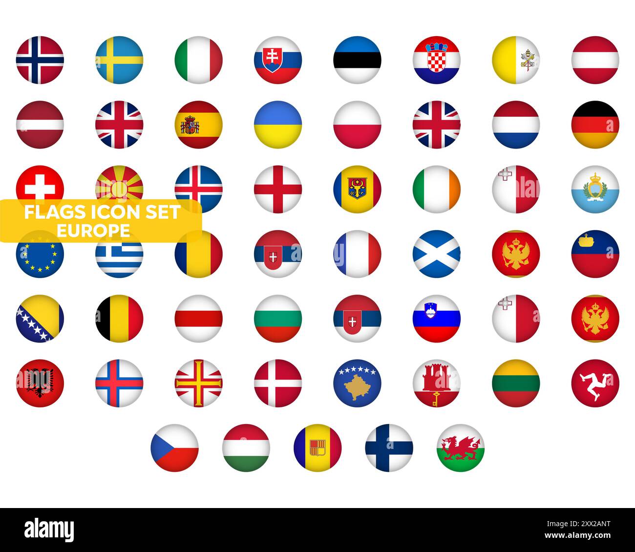 Flag-Symbole Für Europa Gesetzt. Europäische Länder mit eingekreisten Flaggen – Ukraine, Großbritannien, Deutschland und andere. Element „Aktiengrafik“. 52 Symbole. Stockfoto