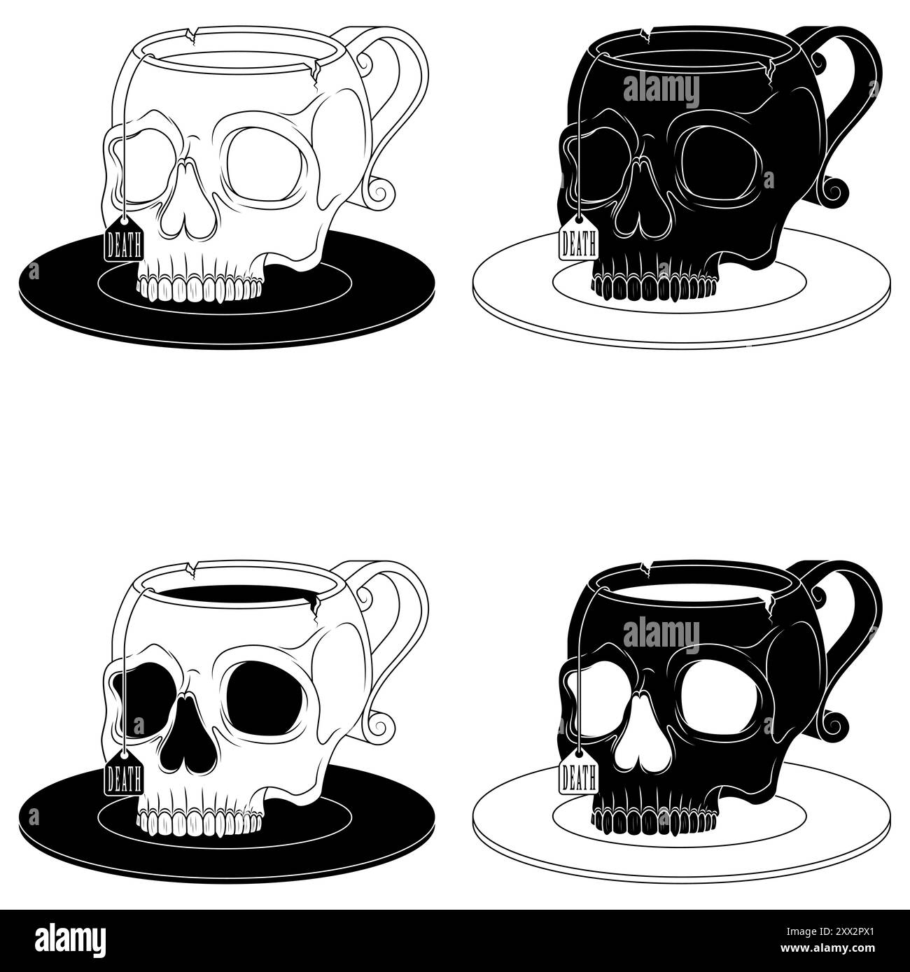 Vektor-Design der menschlichen Schädelform Porzellan Teetasse, Schädelform Kaffeetasse und seine Platte, Dämonentasse für das Trinken von Blut Stock Vektor