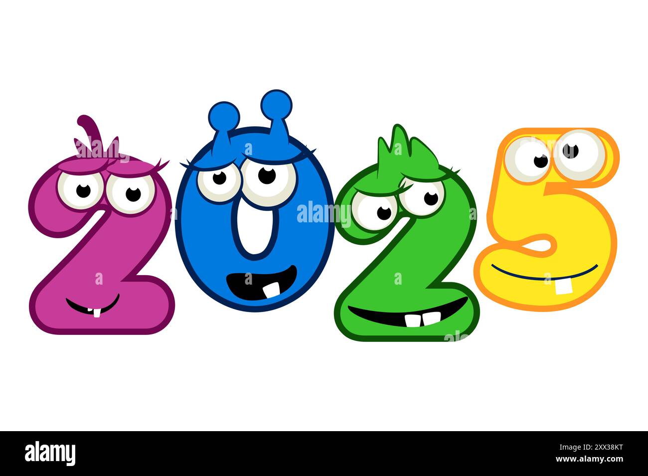 Cartoon MONSTER Style Silvester 2025. Zahlen für Kalender, Druck, Aufkleber oder Grußkarte Stock Vektor