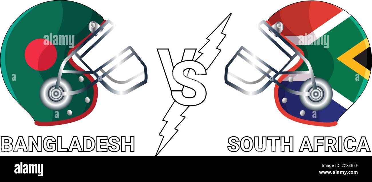 Südafrika vs. Bangladesch 3D-Illustration Vektorflaggen über Crickethelm für versus Match mit transparentem Hintergrund Stock Vektor