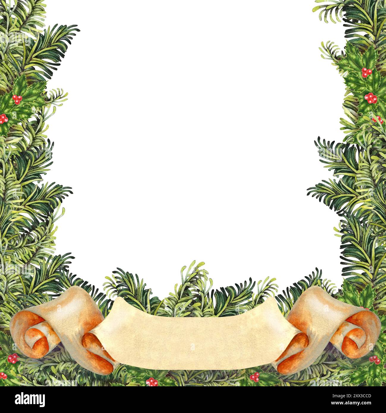 Weihnachtsstrauß mit Papierband-Banner mit grünen Tannenzweigen, stechpalmenbeeren. Botanische Illustration mit Aquarell isoliert auf weißem Hintergrund. Vin Stockfoto