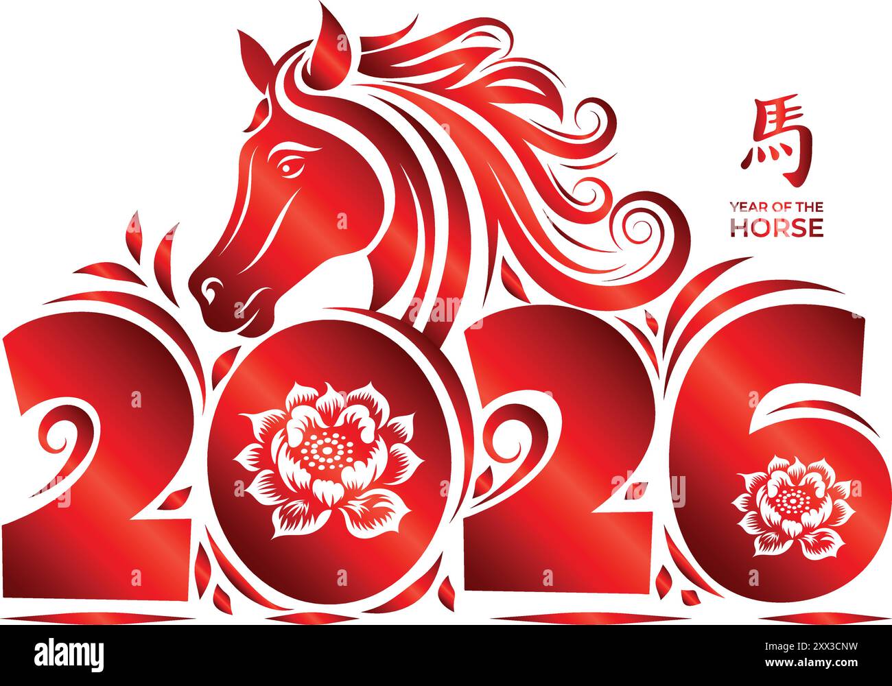 Happy New Year 2026 Typografie, chinese New Year 2026 mit Pferdeillustration. Übersetzung : Pferd Stock Vektor