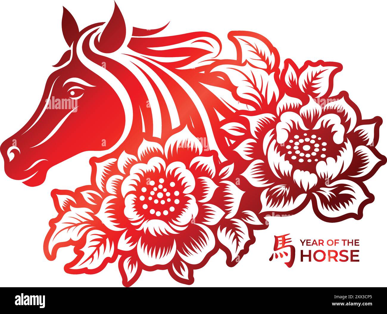 Jahr des Sternzeichens oder Symbols des Pferdes. Hand gezeichnet von Pferd und Blumen Vektor Illustration. Übersetzung : Pferd Stock Vektor