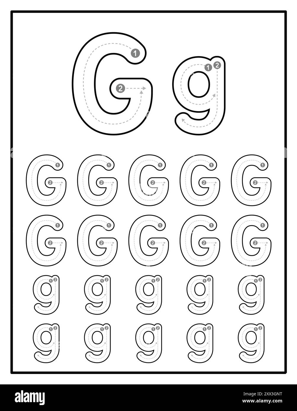 Arbeitsblätter zum Aufzeichnen von Alphabeten für Kinder mit Groß- und Kleinbuchstaben Übungsseiten mit Buchstabe G Stock Vektor