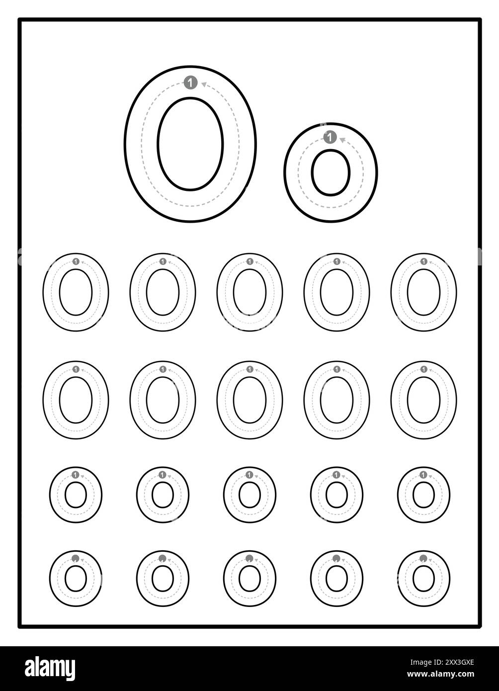 Arbeitsblätter für alphabetische Nachverfolgung für Kinder mit Groß- und Kleinbuchstaben Übungsseiten mit Buchstabe O Stock Vektor