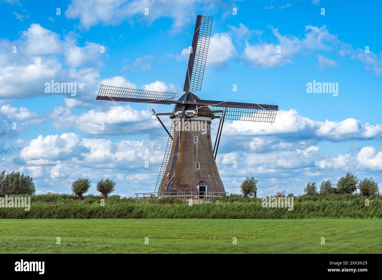 Niederländische Landschaft mit traditioneller Windmühle an einem sonnigen Sommertag Stockfoto