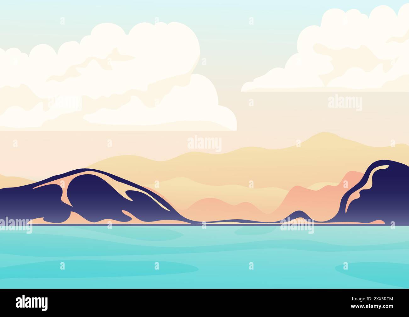 Poster zur Illustration der Küste und der Berge. Skandinavischer Naturfjord in flachem Stil. Panorama der Abenddämmerung mit Verlauf Stock Vektor