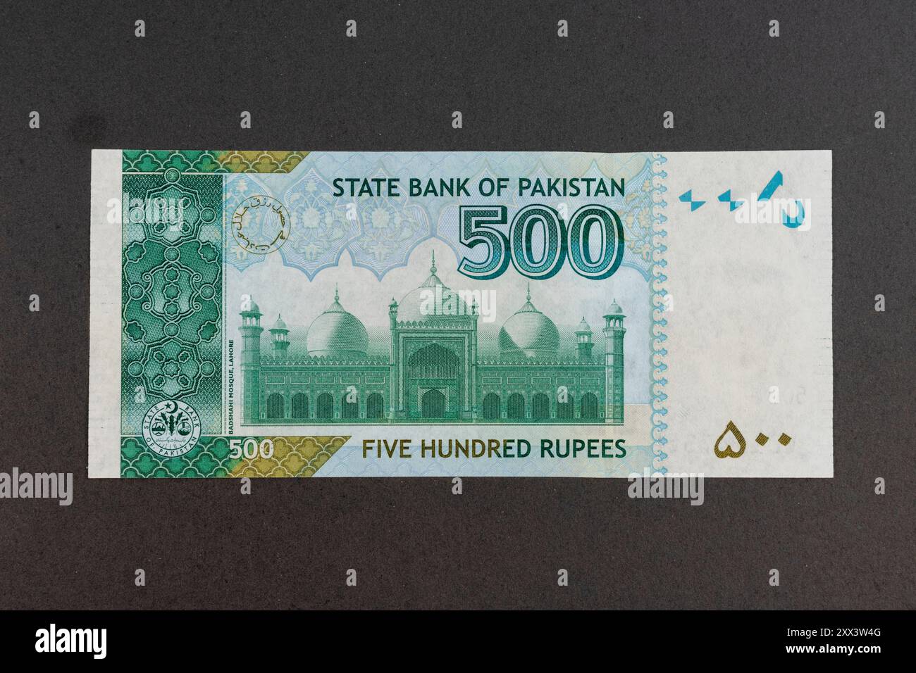 Pakistanische 500 Rupien Grüne Farbe Banknote Mit Feeder Badshahi Moschee Lahore Porträt Stockfoto