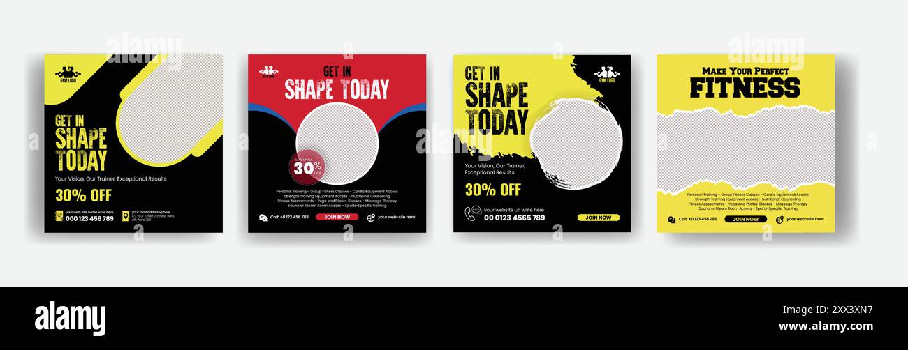 Set aus Posts in sozialen Medien für Fitnessstudio und Fitness-Workout Stock Vektor