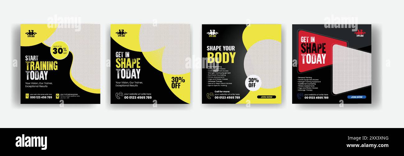 Set aus Posts in sozialen Medien für Fitnessstudio und Fitness-Workout Stock Vektor