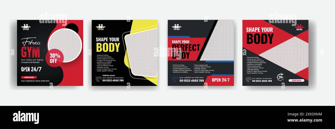 Set aus Posts in sozialen Medien für Fitnessstudio und Fitness-Workout Stock Vektor