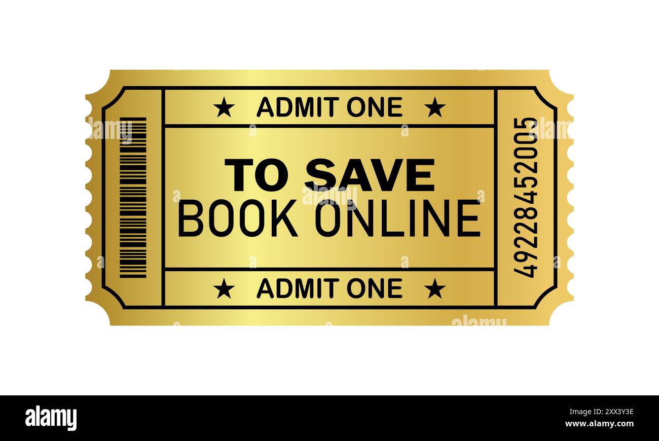 Zum Symbol Buch online speichern. Golden Accept 1 Ticket. Kinofilm und Unterhaltung. Isolierte Konstruktion. Vektorabbildung Stock Vektor