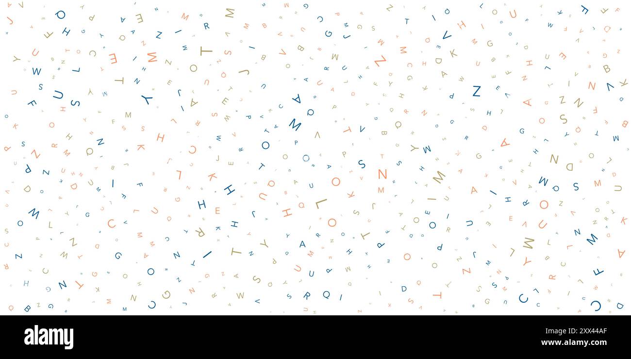 Verschiedene farbige zufällig platzierte, zufällige und ausgerichtete Buchstabenmuster - Textur, Hintergrund, Designelement im bearbeitbaren Vektorformat Stock Vektor