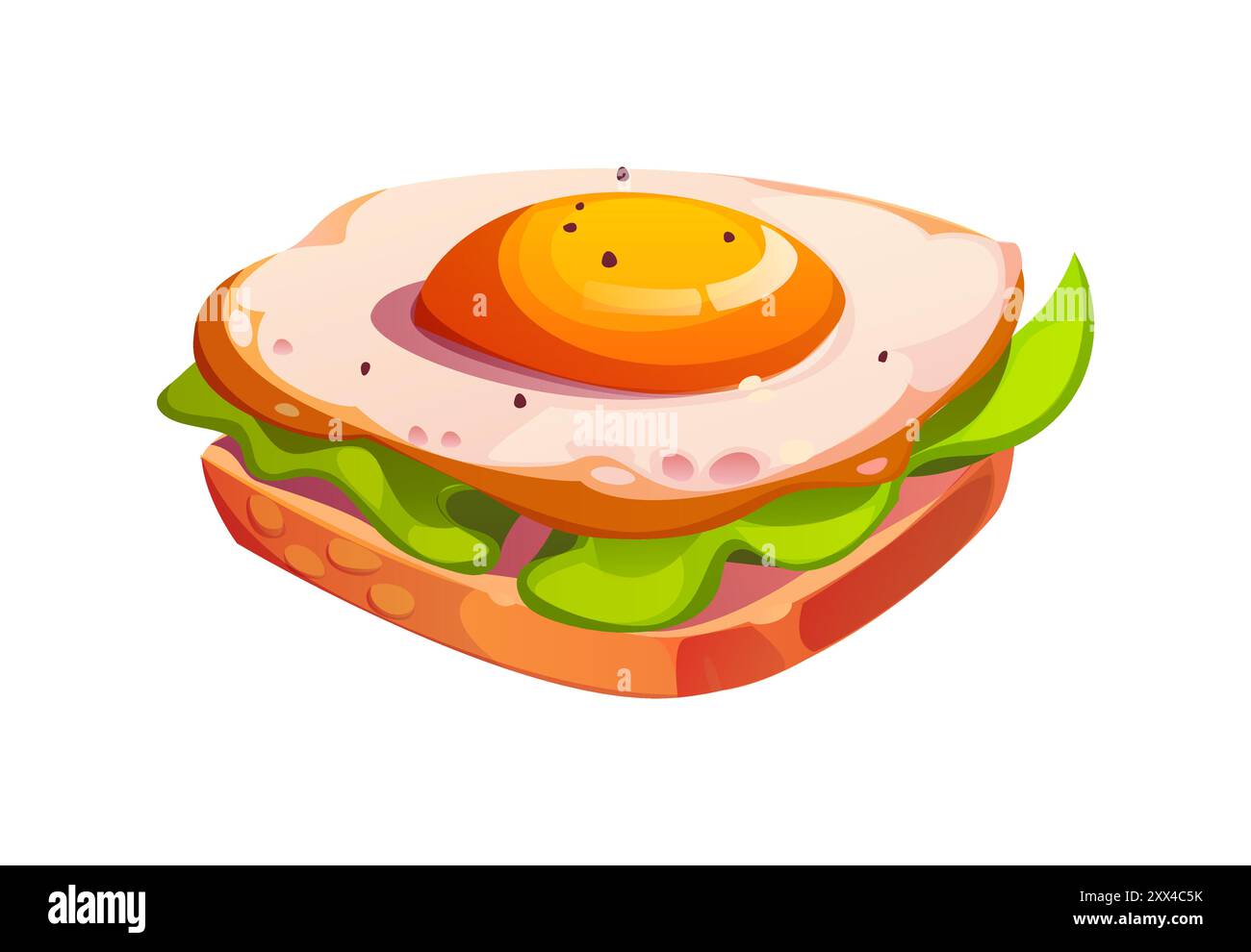 Cartoon Ei Sandwich Fast Food Mahlzeit mit einem perfekt gekochten, sonnigen Ei, frischem Salat und einer Scheibe geröstetem Brot. Isolierter Vektor köstlich herzhafter Eierstoast Frühstück oder Mittagessen Stock Vektor