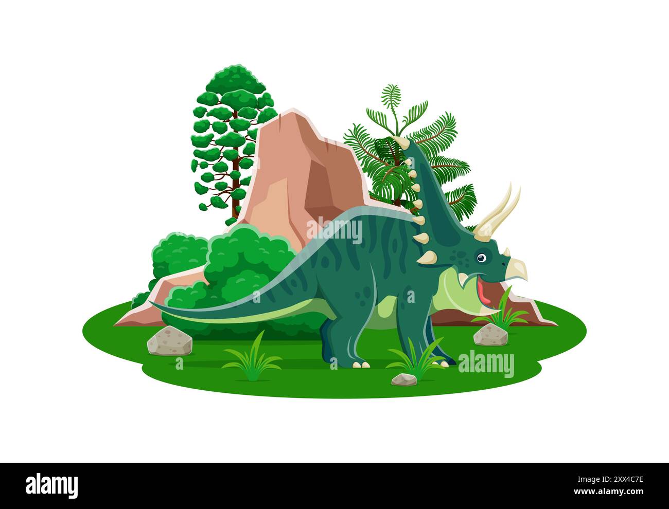 Chasmosaurus prähistorischer Dinosauriercharakter. Isolierter Karikaturvektor triceratops-ähnlicher Dino mit grün gefleckter Haut und Hörnern, steht in einer üppigen Landschaft aus der Jurazeit mit Bäumen, Felsen und grünen Büschen Stock Vektor