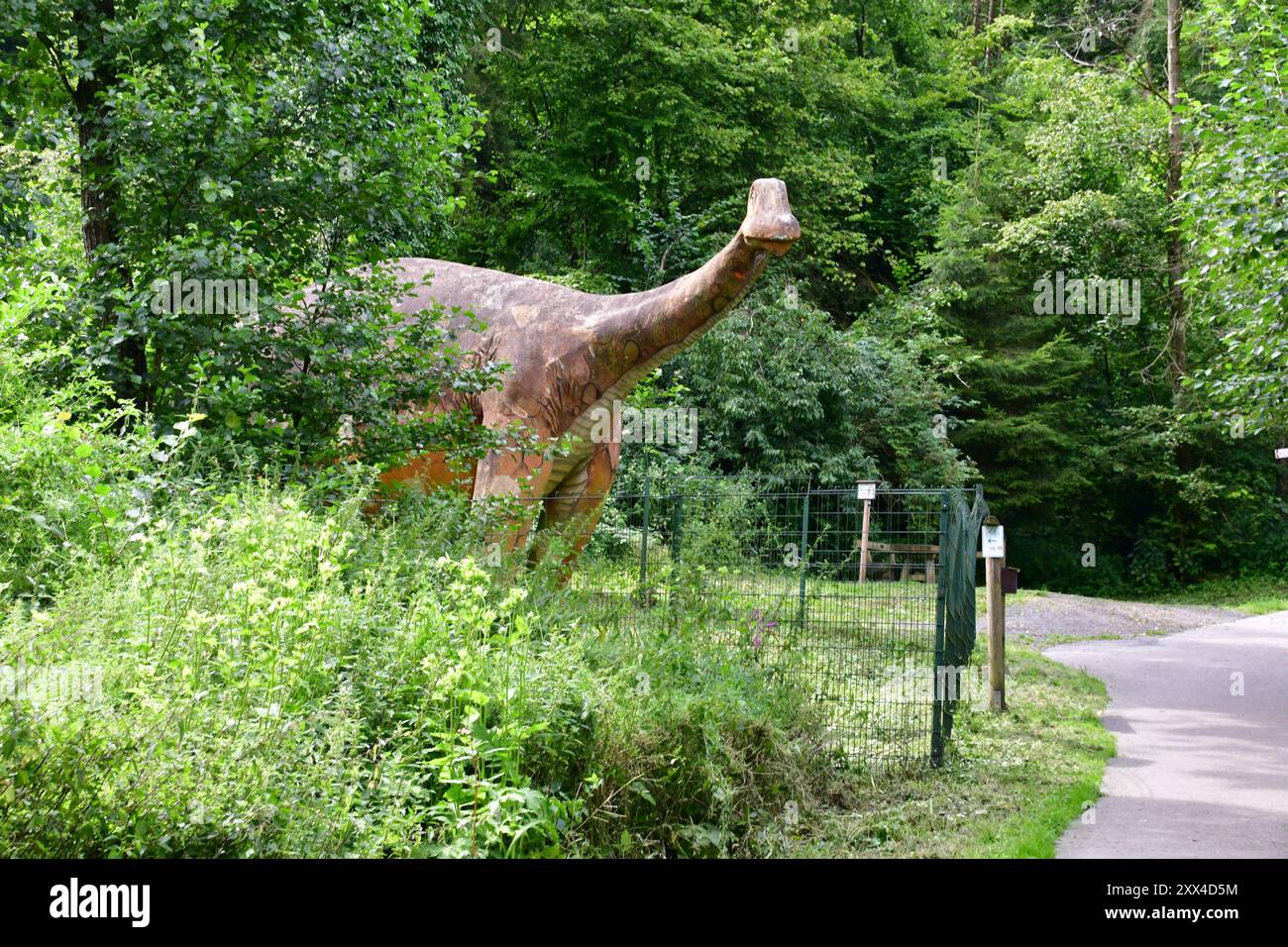 Saurierspuren in Barkhausen am Weg zu den Dinosaurierspuren stehen ein lebensgroßer Dinosaurier. Die Dinosaurierfährten zeigen versteinerte Fußspuren von verschiedenen Dinosauriern. Durch tektonische Bewegung werden die Spuren zu einer fast senkrechten Wand aufgestellt. Die Spuren sind auf einer Fläche von ca. 6 Meter mal 10 Meter zu sehen. Sie wurden 1921 in einem alten Steinbruch gefunden und 1982 unter Naturschutz gestellt. Ein Dach schützt die Spuren vor Verwitterung. Das Gelände gehört zum Terra Vita Naturpark und ist öffentlich begehbar. Bad Essen Niedersachsen Deutschland *** Dinosaur trac Stockfoto