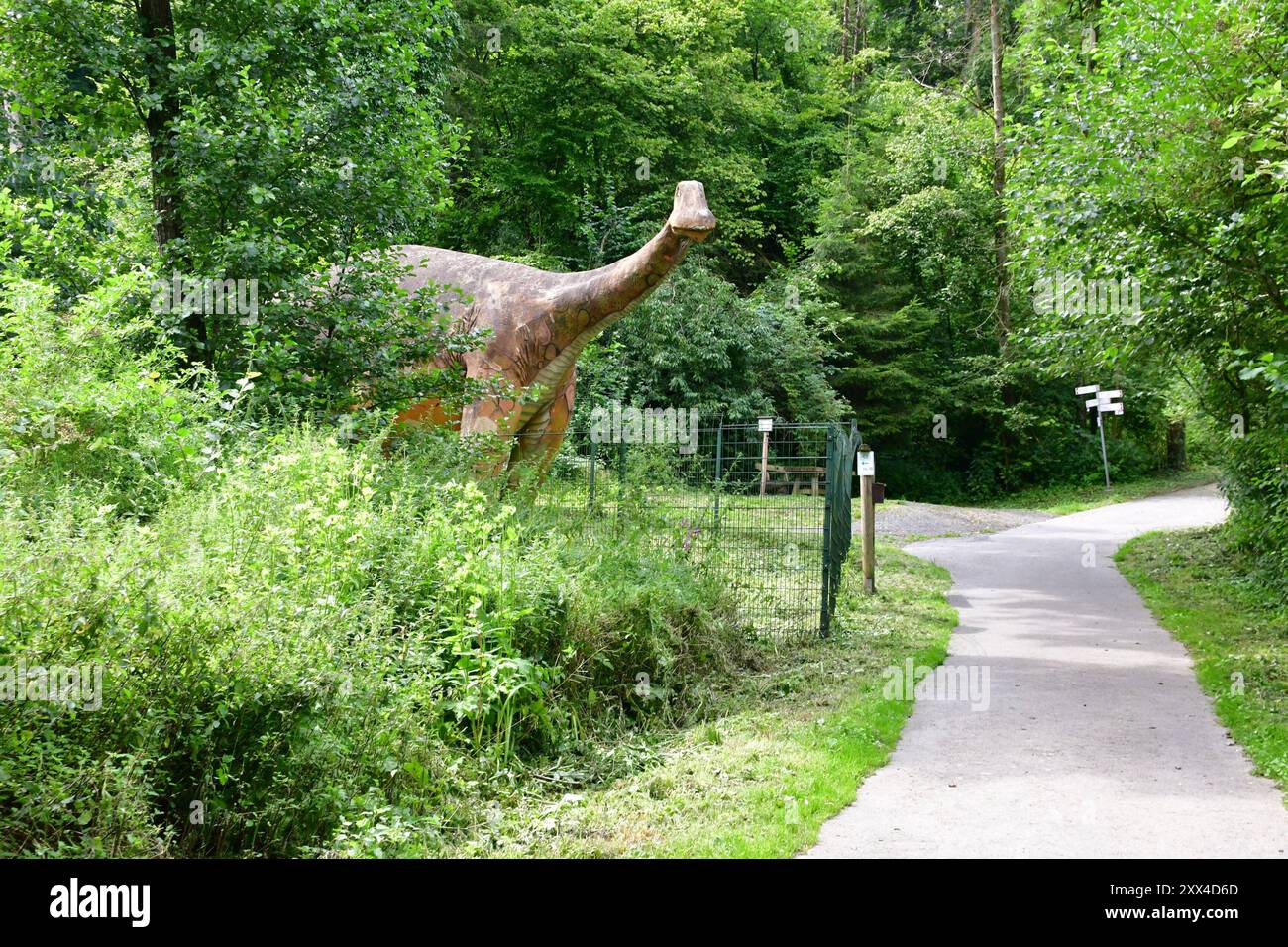 Saurierspuren in Barkhausen am Weg zu den Dinosaurierspuren stehen ein lebensgroßer Dinosaurier. Die Dinosaurierfährten zeigen versteinerte Fußspuren von verschiedenen Dinosauriern. Durch tektonische Bewegung werden die Spuren zu einer fast senkrechten Wand aufgestellt. Die Spuren sind auf einer Fläche von ca. 6 Meter mal 10 Meter zu sehen. Sie wurden 1921 in einem alten Steinbruch gefunden und 1982 unter Naturschutz gestellt. Ein Dach schützt die Spuren vor Verwitterung. Das Gelände gehört zum Terra Vita Naturpark und ist öffentlich begehbar. Bad Essen Niedersachsen Deutschland *** Dinosaur trac Stockfoto