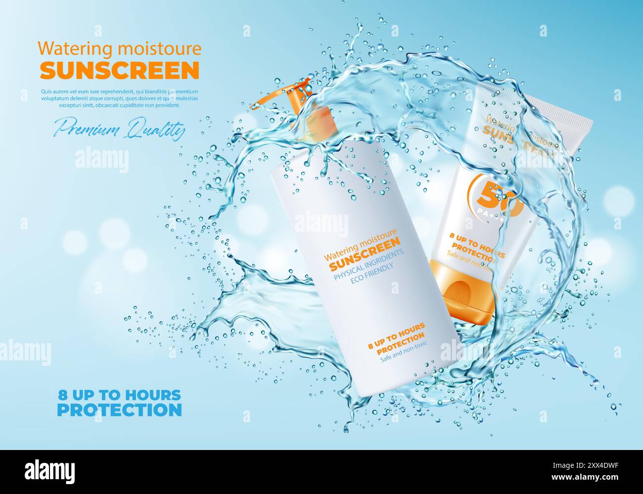 Sonnenschutz-Hautpflege-Creme mit Wasserspritzer für Sonnencreme-Kosmetik, Vektor-Anzeigenposter-Vorlage. Mockups für Sonnencreme und Bodylotion mit orangefarbenen Kappen in realistischer Wasserspritzwelle Stock Vektor