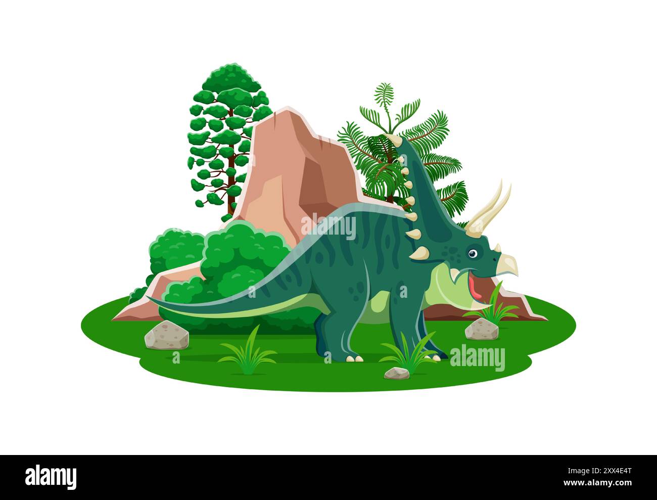 Chasmosaurus prähistorischer Dinosauriercharakter. Isolierter Karikaturvektor triceratops-ähnlicher Dino mit grün gefleckter Haut und Hörnern, steht in einer üppigen Landschaft aus der Jurazeit mit Bäumen, Felsen und grünen Büschen Stock Vektor