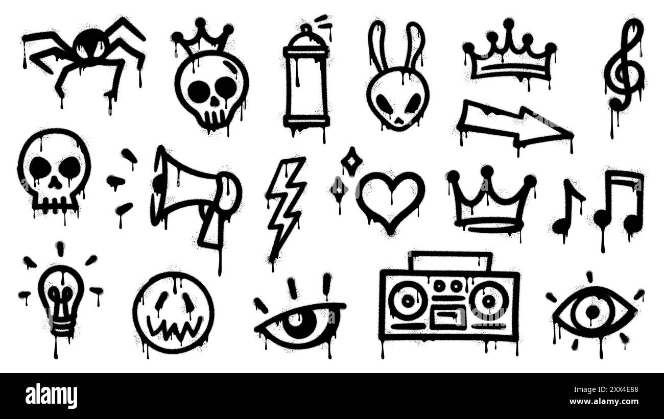Graffiti-Sprayfarbe, Symbole für Grunge-Tinte. Vektorsatz mit schwarzen Urban- und Street-Culture-Elementen. Spinne, Schädel, Krone und Kaninchenkopf, musikalische Noten, Blitz und Herz. Auge, Megaph, Glühlampe Stock Vektor