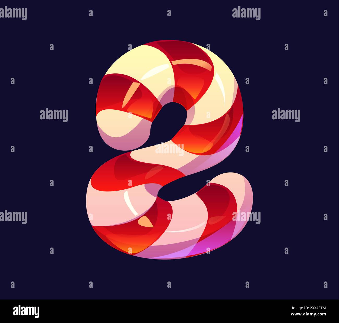 Cartoon Nummer zwei aus rotem und weißem Zuckerrohr, Süßwarenalphabet, Süßwarenschrift, Lollypop Schriftart, Schriftart. Isoliertes Vektorziffertypographiesymbol 2 als gestreiftes Weihnachtsgeschenk Stock Vektor