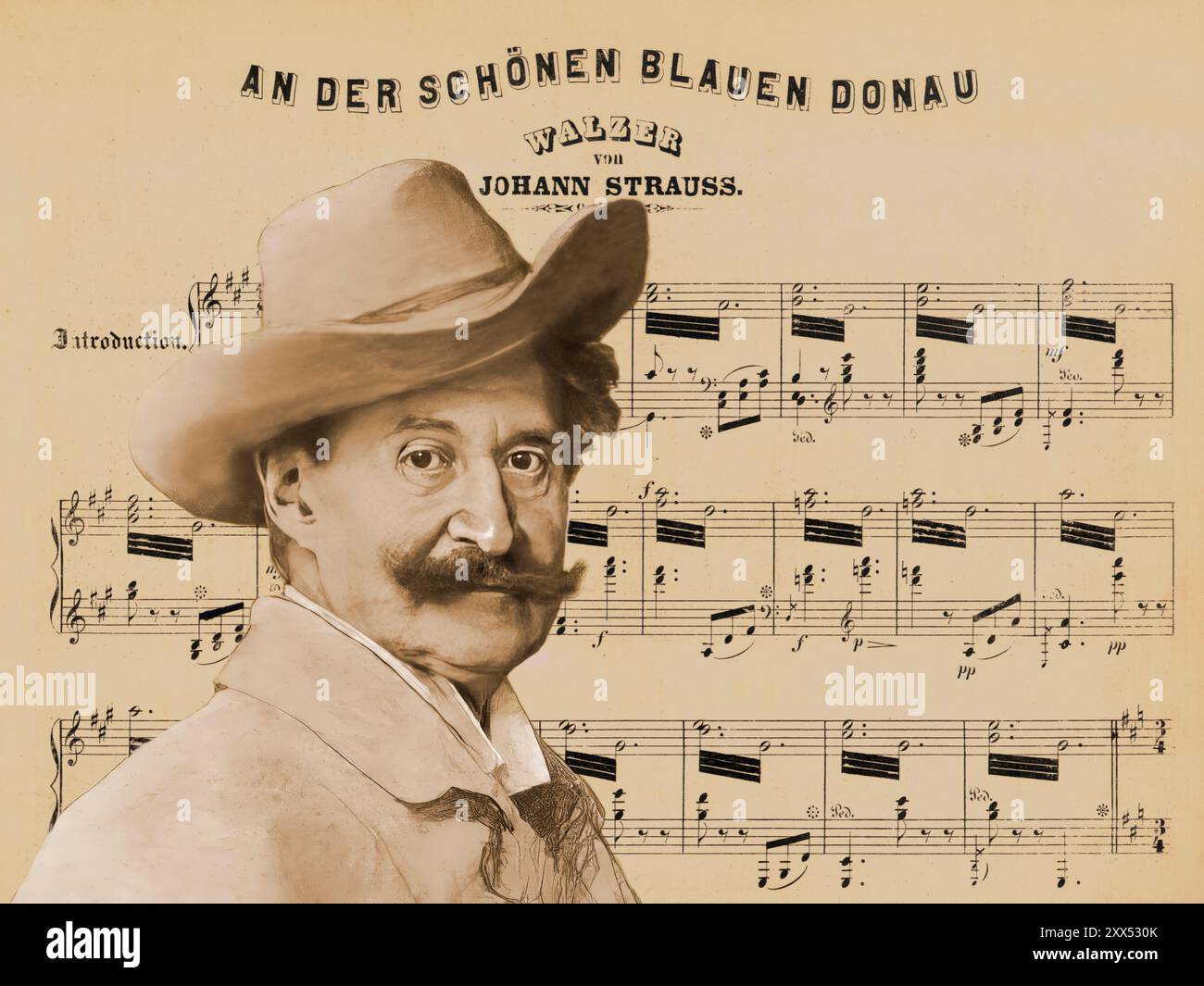 Johann Baptist Strauss II., 1825–1899, österreichischer Komponist und Geiger, 1879, digital herausgegeben nach einer Illustration von Leopold Horovitz, Notenblatt aus „die Blaue Donau“ Stockfoto