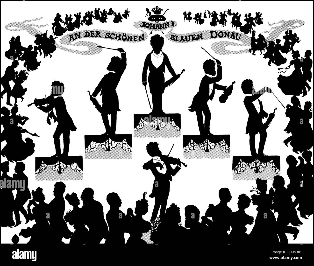 Die Blaue Donau, Johann Baptist Strauss II, 1825–1899, österreichischer Komponist und Geiger, 1879, Silhouettendruck von Otto Böhler, digital herausgegeben Stockfoto