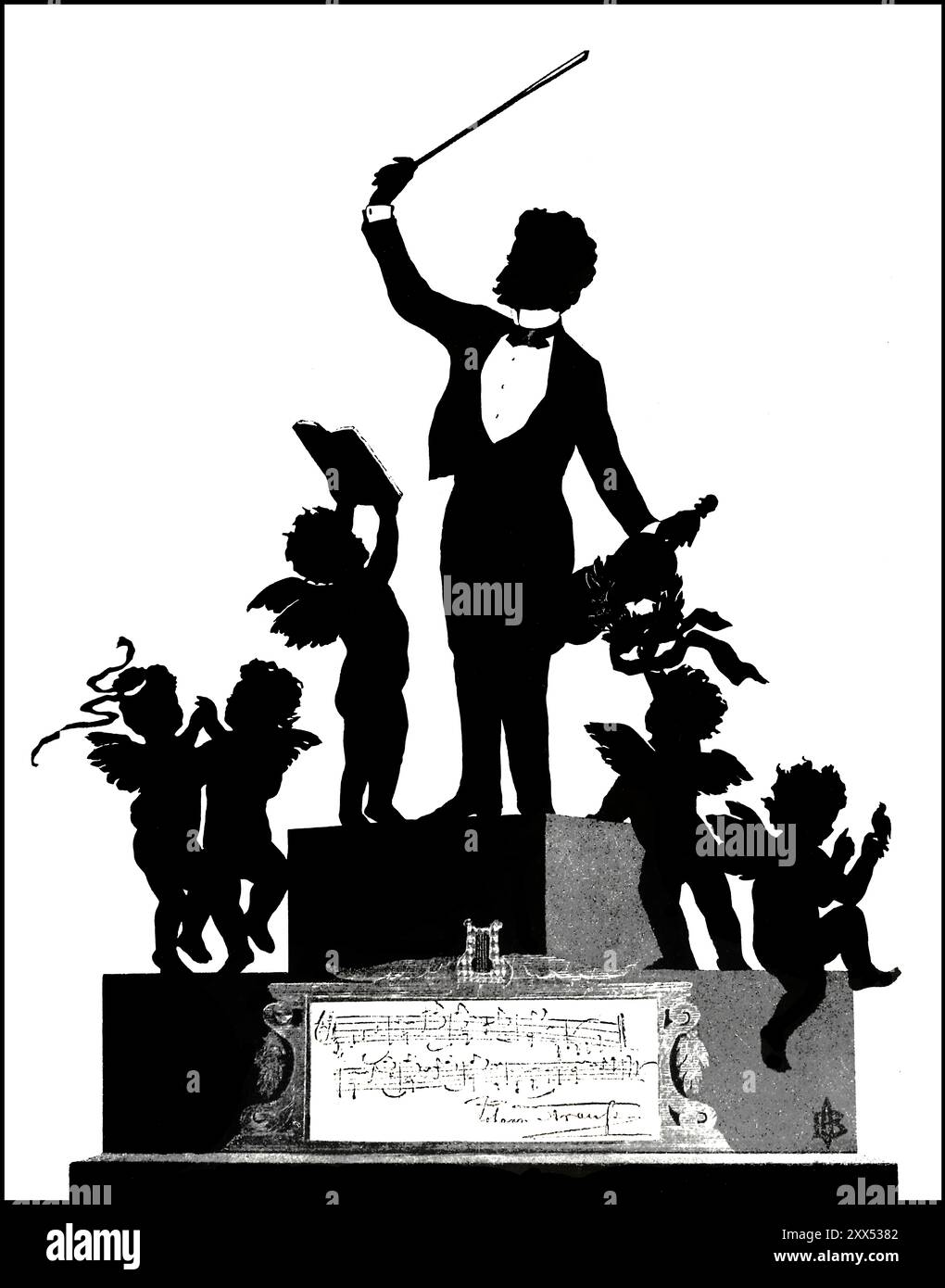 Die Blaue Donau, Johann Baptist Strauss II, 1825–1899, österreichischer Komponist und Geiger, 1879, Silhouettendruck von Otto Böhler, digital herausgegeben Stockfoto