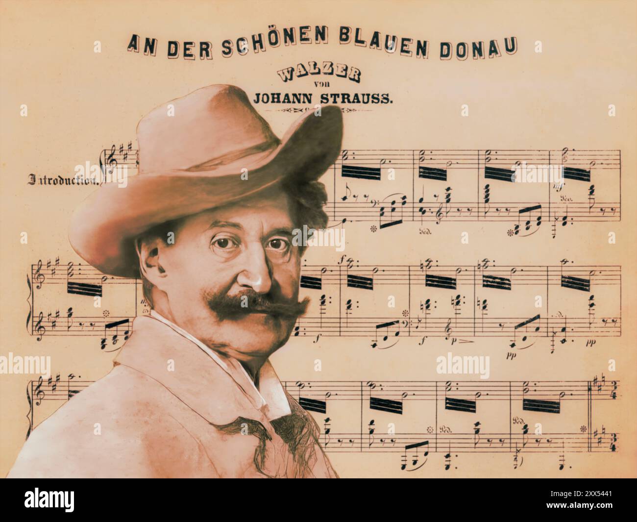 Johann Baptist Strauss II., 1825–1899, österreichischer Komponist und Geiger, 1879, digital herausgegeben nach einer Illustration von Leopold Horovitz, Notenblatt aus „die Blaue Donau“ Stockfoto