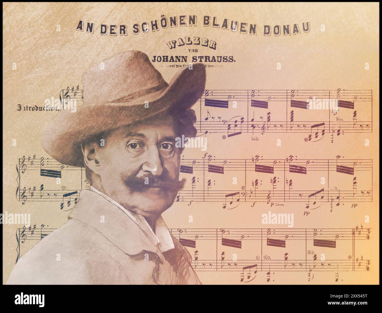 Johann Baptist Strauss II., 1825–1899, österreichischer Komponist und Geiger, 1879, digital herausgegeben nach einer Illustration von Leopold Horovitz, Notenblatt aus „die Blaue Donau“ Stockfoto