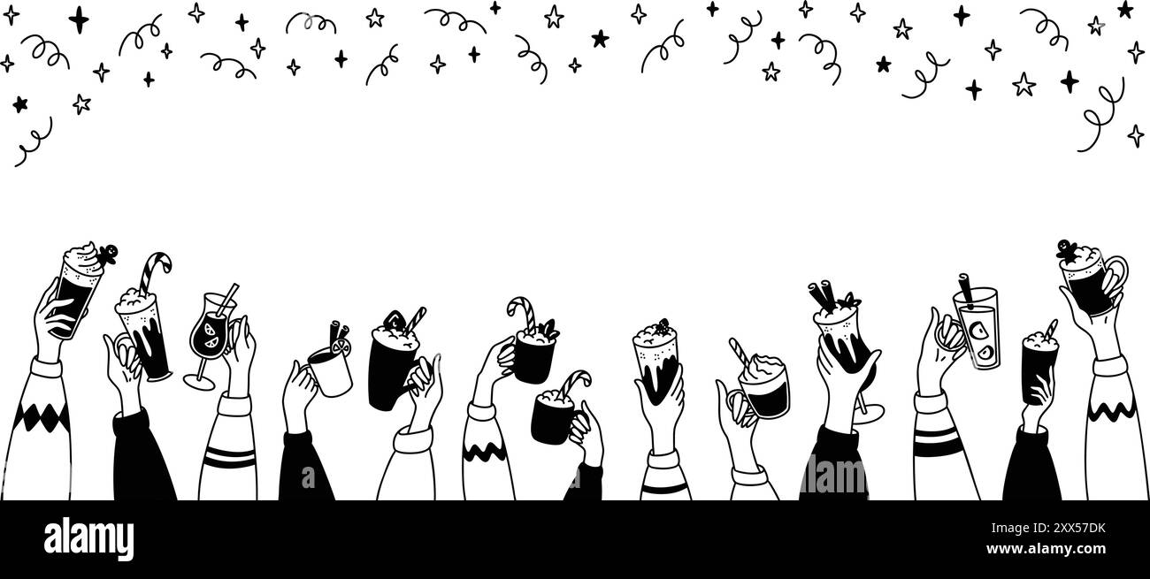 Hände hoch mit heißen Weihnachtsgetränken. Niedliche Liniendudel-Illustration. Hintergrund der Feier. Kürbis-Gewürz-Latte, heißer Wein, warme Cocktails, Marshmallow Stock Vektor