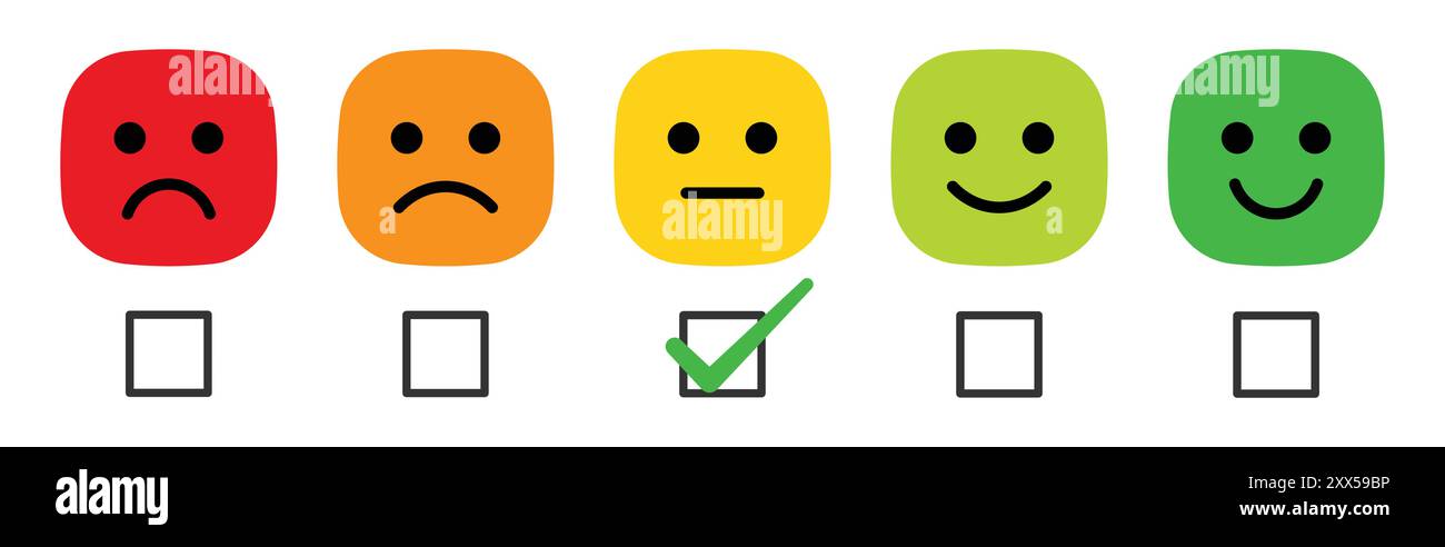 Bewertung von Emoji mit Kontrollkästchen und Häkchen für Kundenfeedback und Produkterlebnis in farbenfrohem Stil. Bewertungsemoji im neuen quadratischen Stil. Stock Vektor