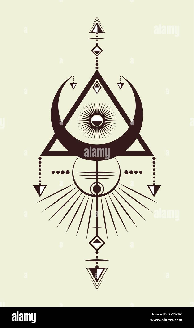 Geheimnisvolle magische Mondsichel heilige geometrische Figur eines Kreises in einem Dreieck, Vektor-Logo-Tattoo mythologisches Symbol im Boho-Stil Stock Vektor