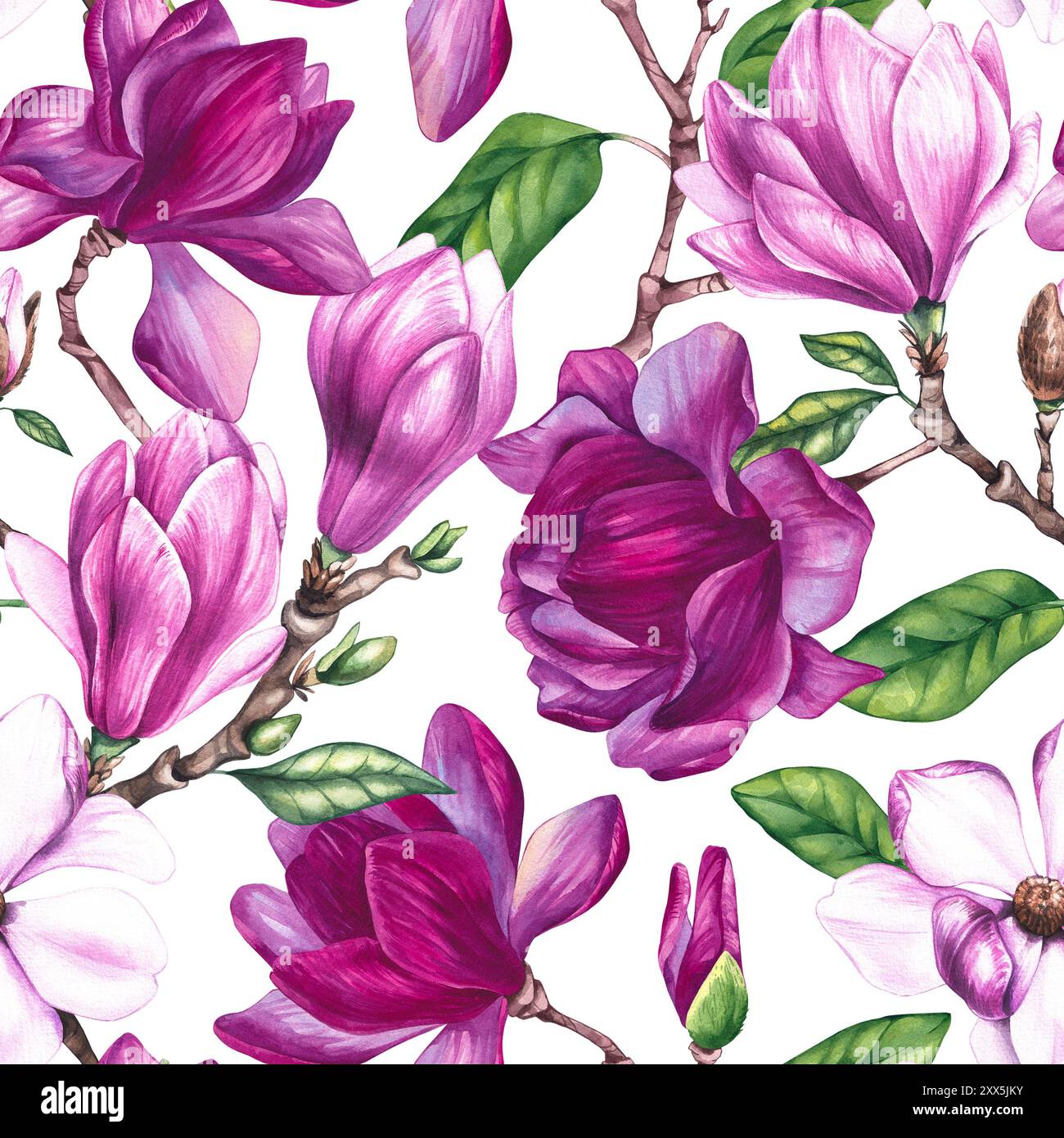 Magnolienmuster in Aquarellfarben. Nahtloses Muster mit rosa Magnolienblüten. Violette Magnolienblüten. Magnolienmuster handgezeichnet für die Gestaltung der Einladung Stockfoto