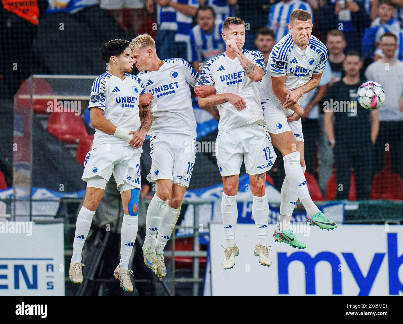 Kopenhagen, Dänemark. August 2024. Kevin Diks, Orri Oskarsson, Lukas Lerager und Denis Vavro während des Qualifikationsspiels der Conference League zwischen dem FC Kopenhagen und Kilmarnock FC in Kopenhagen am Donnerstag, den 22. August 2024. (Foto: Liselotte Sabroe/Ritzau Scanpix) Credit: Ritzau/Alamy Live News Stockfoto