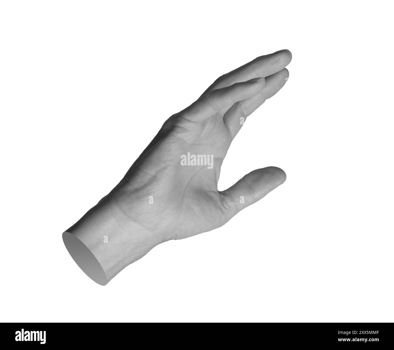 Greifen, fangen, Strecken zu etwas, berühren. Handschild isoliert auf weißem Hintergrund. Stockfoto