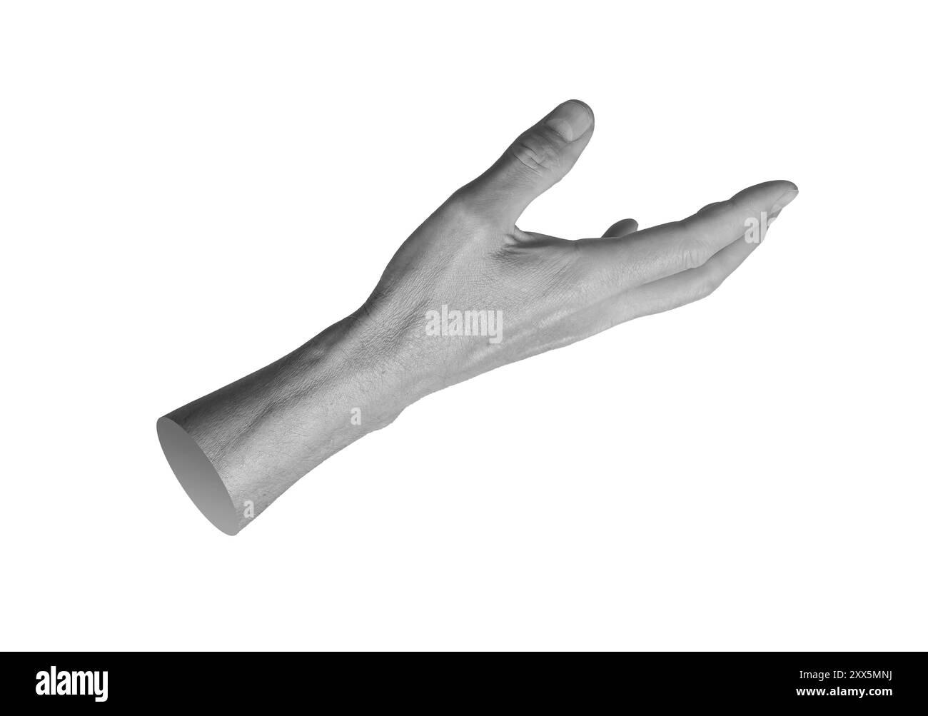 Greifen, Fangen, Strecken und Berühren. Handschild isoliert auf weißem Hintergrund. Stockfoto