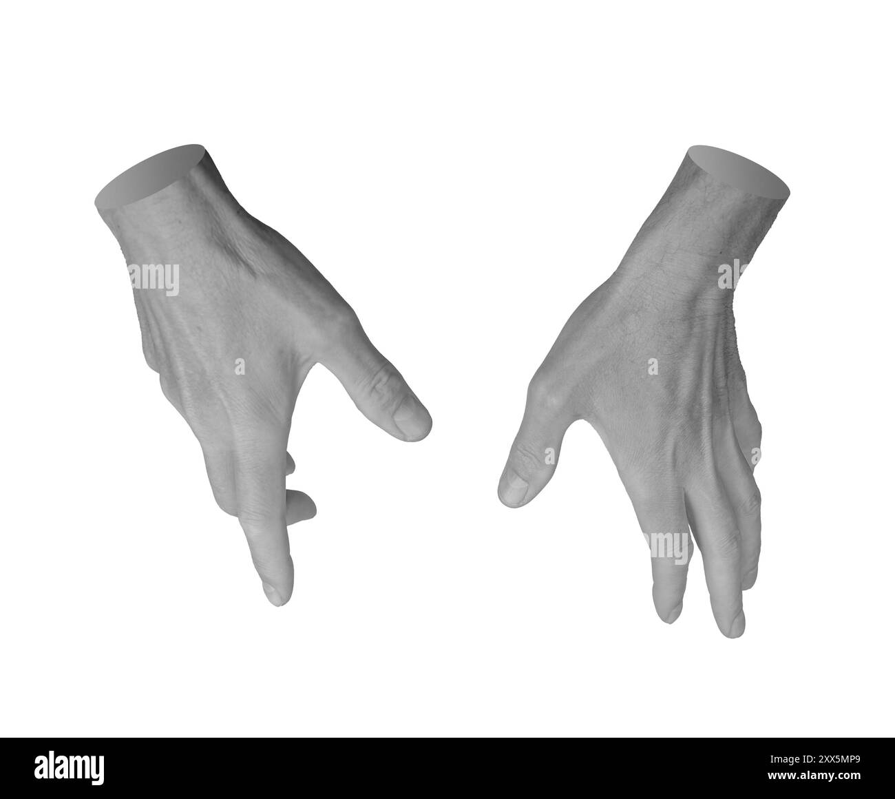 Halten, Halten, Pflege und Berühren mit beiden Handflächen, Handschild isoliert auf weißem Hintergrund. Stockfoto
