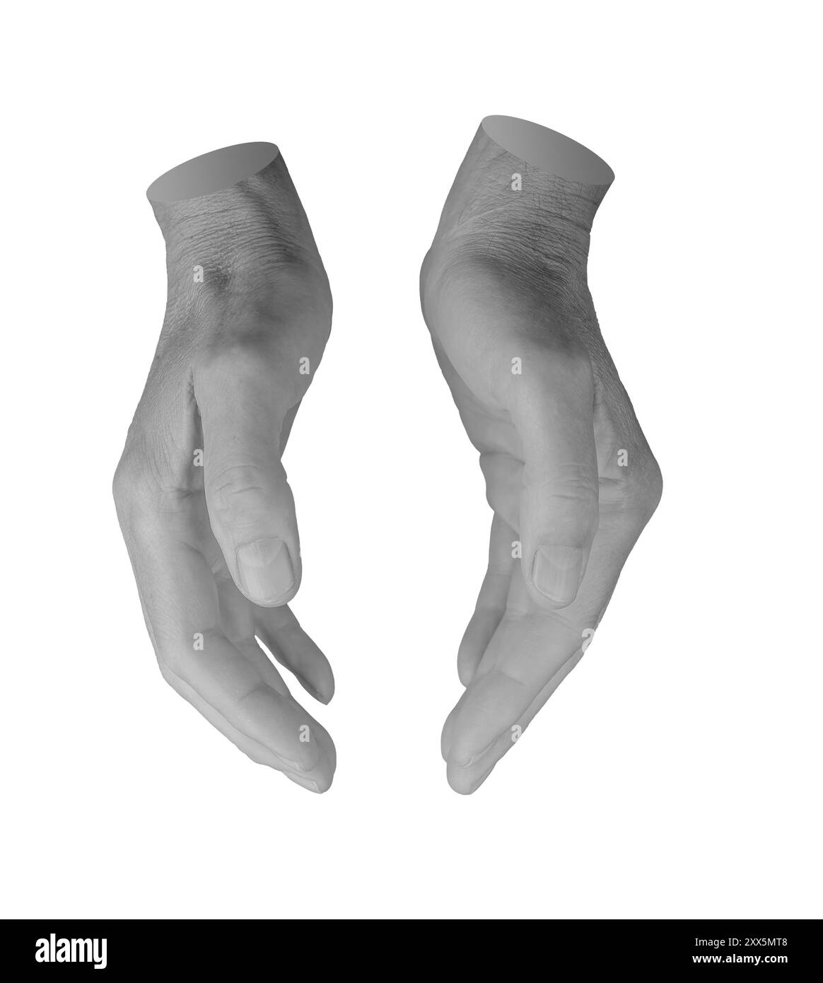 Halten, Halten, Pflege und Berühren mit beiden Handflächen, Handschild isoliert auf weißem Hintergrund. Stockfoto