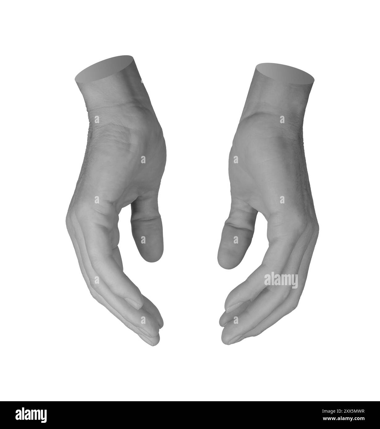 Halten, Halten, Pflege und Berühren mit beiden Handflächen, Handschild isoliert auf weißem Hintergrund. Stockfoto