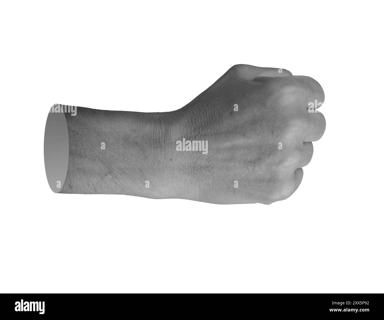 Geballte Finger, Knöchel, Faust zur Seite, Seitenansicht, isoliert auf weißem Hintergrund. Stockfoto