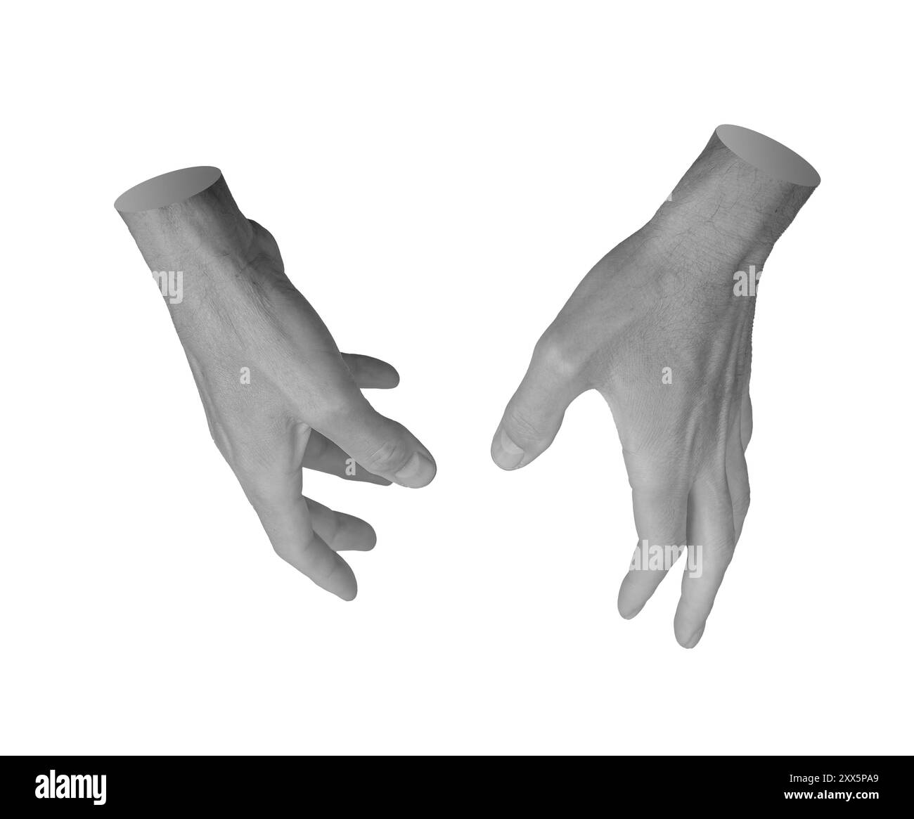 Fangen, greifen, nehmen mit beiden Händen isoliert auf weißem Hintergrund. Stockfoto